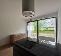 A kitchen in a 2-room apartment with a wooden decor floor and large windows.