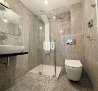 A bathroom in a 2-room apartment with stone cladding, a shower corner, and a mirror.