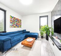 Living room with a blue sofa and plants in a 3-room apartment, floor with wooden decor.
