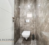 Bathroom with a wall-mounted toilet and marble walls in a 3-room apartment.