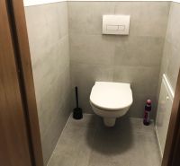 Bathroom in a 2-room apartment with tiles and a wall-hung toilet.