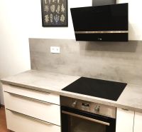 A kitchen in a 2-room apartment with a cooktop, an oven, and a picture with herbs.