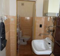 Bathroom of a 2-room apartment with a toilet and a sink in a simple style.