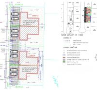 Plan of proposed semi-detached houses with parking spaces and a public sidewalk in the city of Poprad.
