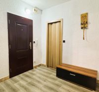Interior of a 4-room apartment with white walls, wood-patterned flooring, and dark doors.
