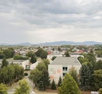 A view of Komenského Street in Trebišov with buildings and greenery.