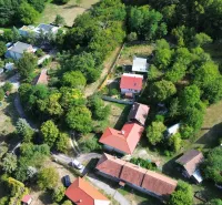 A top view of green gardens in the village of Kolačno with the surrounding houses.