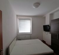 A bedroom in a 2-room apartment with a TV and a bed.