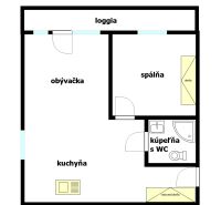 Floor plan of a 2-room apartment with a loggia, living room, kitchen, and bathroom with toilet.