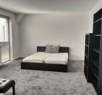 Bedroom in a 2-room apartment with a bed, shelves, and a carpet in neutral colors.