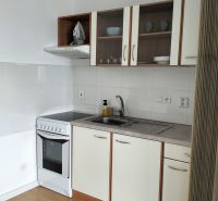 A kitchen with white cabinets in a two-room apartment, a floor with a wooden decor.