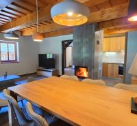 Living space in a cabin with wood-patterned flooring and a fireplace.