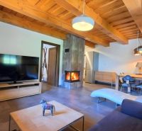 Living room in a cottage with a fireplace, television, and wooden ceilings.