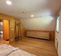 A room in a cabin with a wooden decor floor, wooden paneling, and minimalist furniture.