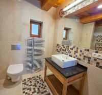 Bathroom in a cabin with a shower, sink, toilet, and mosaic tiles.