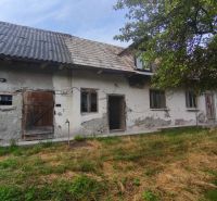 A family house in Čelovce with worn-out plaster, wooden doors, and a garden.