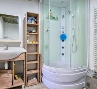 A bathroom in a family house with a corner shower and a sink.