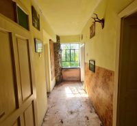 A hallway in a family house with a window at the end and decorations on the walls.