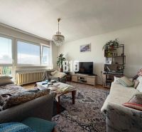Living room in a family house with large windows, wooden decor flooring, and comfortable seating.