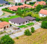 Aerial view of family houses on Družstevná Street in Vráble surrounded by greenery and vegetation.