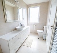 A bathroom in a family house with a white sink and a large mirror.