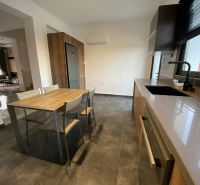 The kitchen of the family house shows a dining table, wooden elements, and a dark floor.