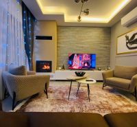 Living room with comfortable armchairs, decorative lights, and a fireplace in a family house.