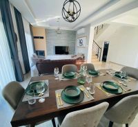 A dining room in a family house with elegant dark furnishings and six chairs.