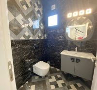 A bathroom in a family house with dark paneling and geometric patterns on the walls.