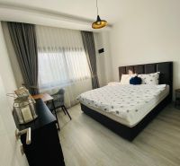 Bedroom with a bed, desk, and wooden decor flooring in a family house.