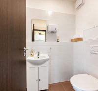 Restroom facilities in commercial premises, white ceramics, simple equipment.