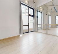 Interior of commercial premises with wood-patterned flooring and mirrors on the walls.