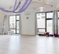 Commercial premises with a wooden decor floor, equipped with mirrors and exercise equipment.