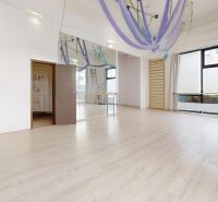 A bright interior of commercial premises with a wooden decor floor and mirrors on the wall.