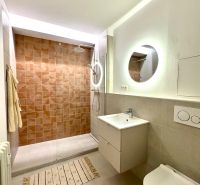 A bathroom in a studio apartment with a walk-in shower and a round mirror.