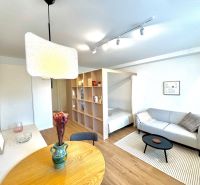 Living room with wood-patterned flooring, light-colored sofa, and dining table in a studio apartment.