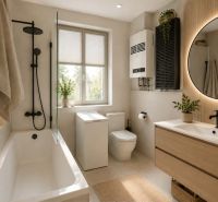 A bathroom in a family house with a bathtub, sink, and round mirror, plants create a pleasant atmosphere.