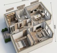 Floor plan of a family house with a kitchen, two rooms, a bathroom, and a pantry.