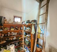 A shelf with groceries and a ladder in a room of a family house.