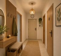 A hallway in a family house with doors, a mirror, and a coat rack.