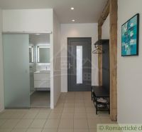 A hallway with ceramic tiles, glass doors, a sink, and a coat rack in a family house.