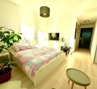 Bright bedroom in a one-room apartment with plants and wood-decor flooring.