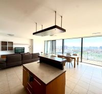 A spacious living area with a kitchen and dining room in a 4-room apartment with a panoramic view.