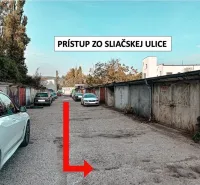 Garages in Bratislava - Nové Mesto on Sliačska Street, lined with parked cars.