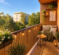 Košice - Old Town district, Stromová: Charming balcony of a 2-room apartment with a pleasant seating area and greenery.