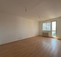 A spacious room with a wooden decor floor in a 2-room apartment.