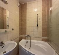 Bathroom in a 2-room apartment with a bathtub and a sink, light tiles.