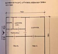 Schematic layout of a family house with a room, kitchen, bathroom, and pantry.