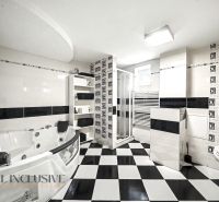 A black and white bathroom with a bathtub and a shower in a family house.