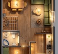 Floor plan of a family house with a sofa and kitchen, wooden decor flooring.